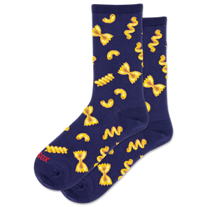 Women's navy blue socks featuring a bowtie noodle pattern.
