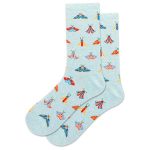 Light blue socks with colorful moth pattern on a white background