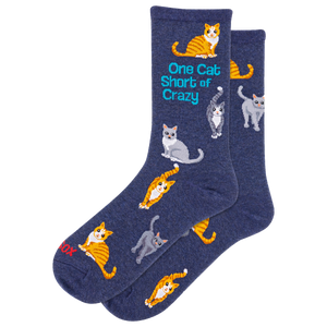 HOTSOX women's navy socks featuring gray and orange cats and the phrase 'once cat short of crazy.'