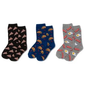 A mom and two kids sitting together eating pizza, wearing matching outfits with pizza-themed socks.