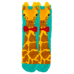 A pair of kids' crew socks featuring a giraffe wearing a bow tie, with blue color and plush yarn texture.