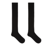 A pair of black knee high socks, displayed against a white background.