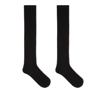 A pair of black knee high socks, displayed against a white background.