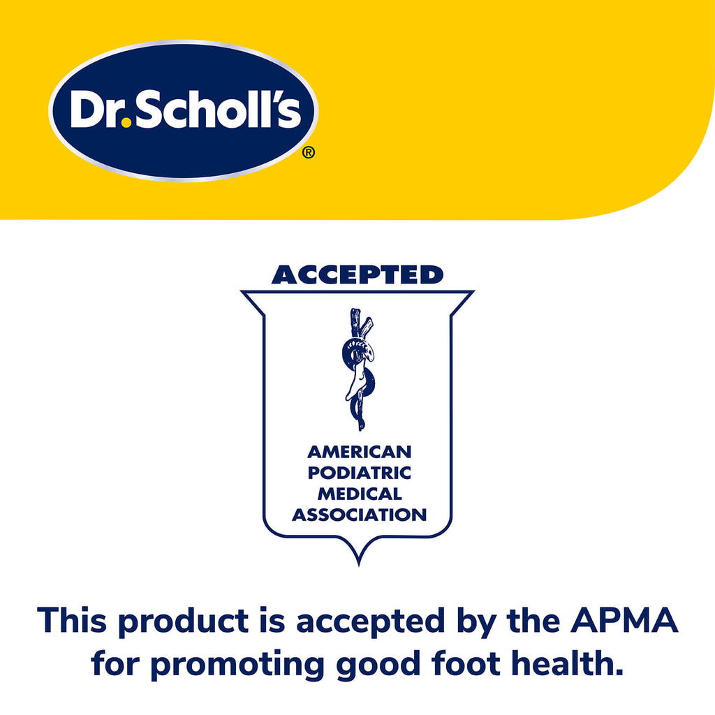 Dr. Scholl's logo with APMA acceptance badge on a yellow and white background
