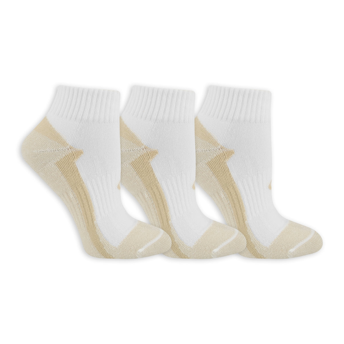 Three pairs of white socks with beige toes and heels on a white background