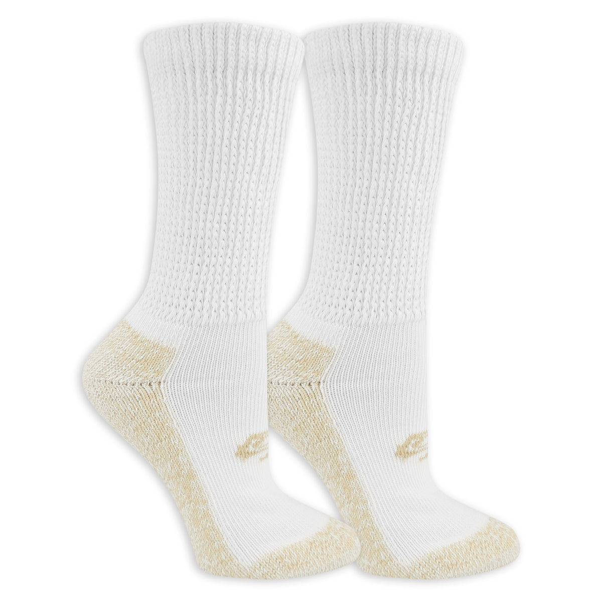 White socks with beige toes and cuffs on a white background