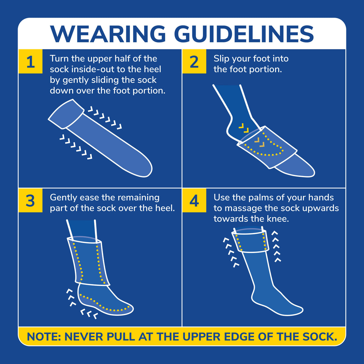 Instructions on how to properly wear a sock with illustrations and text on a blue background.