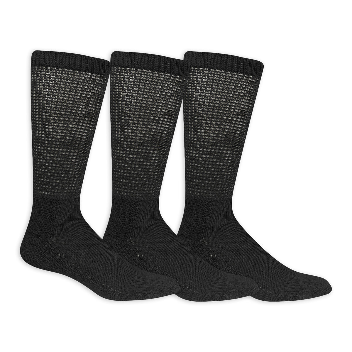 Three black socks with textured pattern on a white background