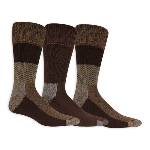 Three pairs of brown and gray patterned socks on a white background