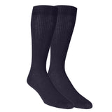 A pair of black ribbed men's dress crew trouser socks.