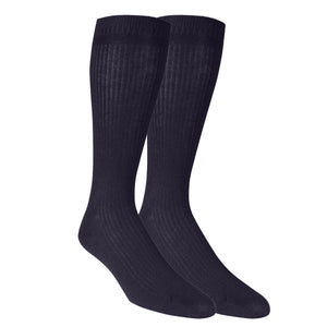 A pair of black ribbed men's dress crew trouser socks.