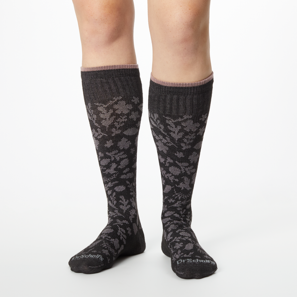 Dr. Scholl's women's compression socks in black with a grayish pink floral pattern.