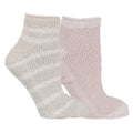 Two pairs of fluffy socks, one beige and one pink, on a white background.