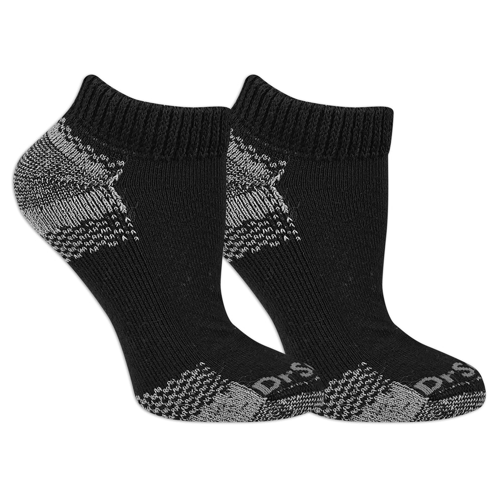 Pair of black socks with gray pattern on a white background
