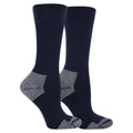 Pair of navy socks with gray accents on a white background