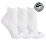 Three white ankle socks with raised bubble grip panels on the sole, shown on a white background with a silver award badge in the top right. thumbnail