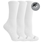 Three white ribbed crew socks with raised grip dots on the sole and heel, shown on a white background with a silver award badge reading Design Excellence Awards 2026 Design Finalist.