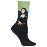 A single crew sock featuring a printed parody of the Mona Lisa wearing sunglasses, with a light green upper section and a black lower body, shown on a plain white background. thumbnail