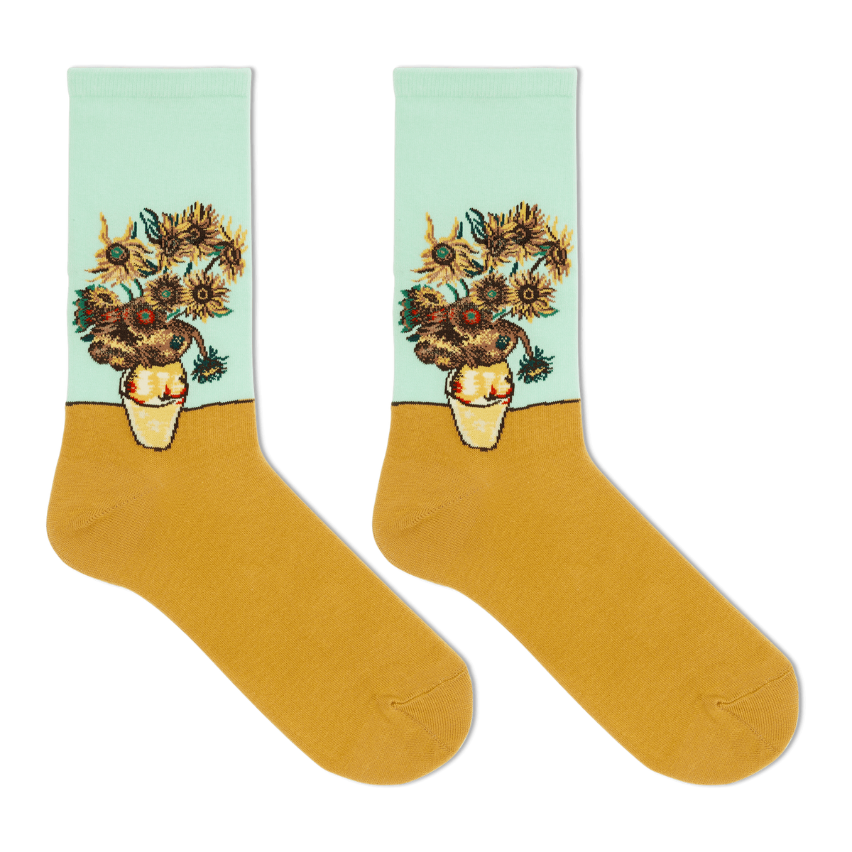 A pair of crew socks featuring a classic Van Gogh-inspired sunflower and chrysanthemum floral print on the upper half, with a solid mustard yellow lower half and a pale mint green cuff.