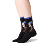 A pair of black crew socks worn on a person's feet, featuring a graphic print of Vermeer's Girl with a Pearl Necklace in blue, brown, white, and red tones, with solid blue ribbed cuffs. thumbnail