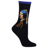 A single black crew sock featuring a knitted portrait of Johannes van Gogh's face and hair in blue, gold, brown, and white, with a purple cuff, shown on a plain white background. thumbnail