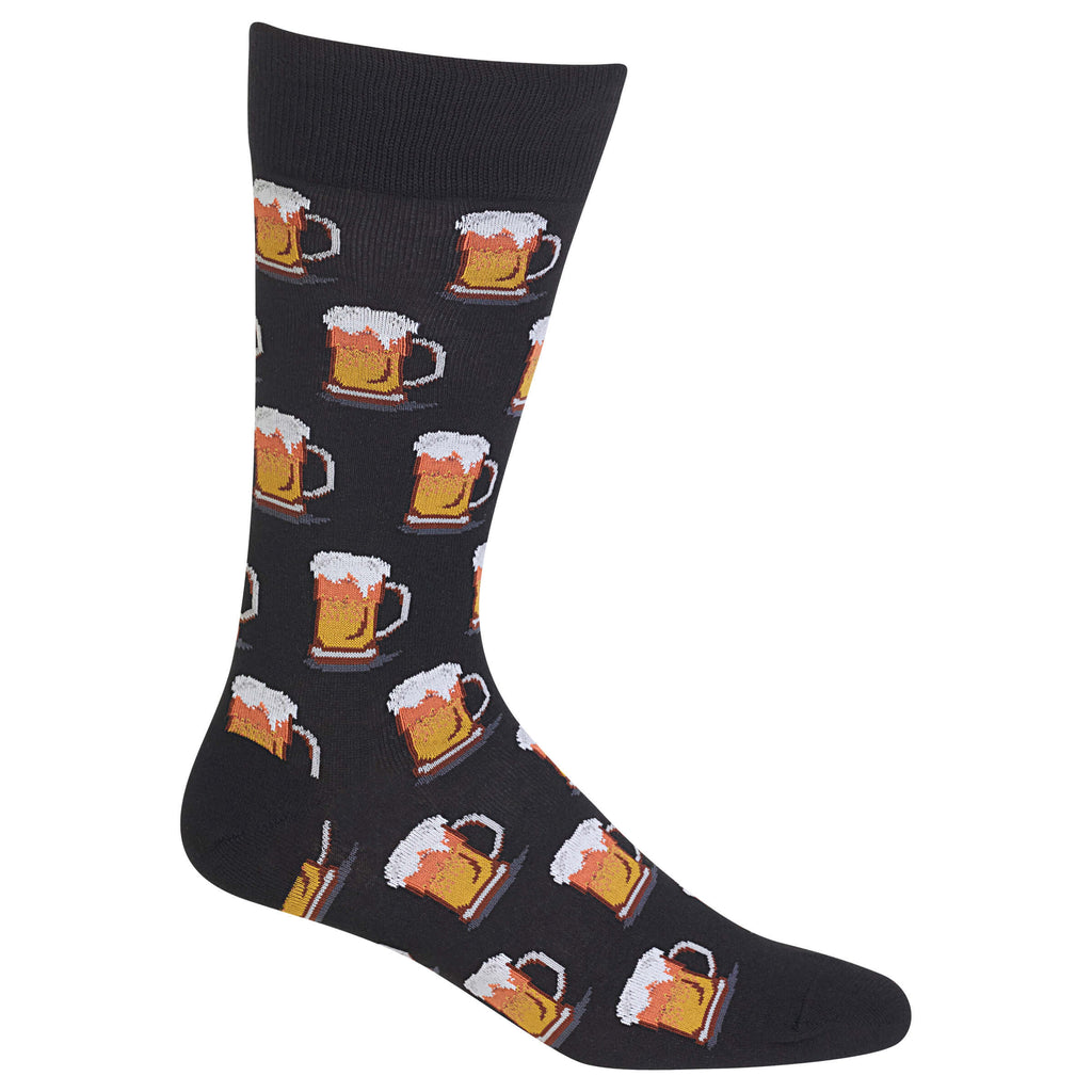 A single black crew sock with a repeating pattern of orange beer mugs filled with amber beer and white foam, shown on a plain white background.