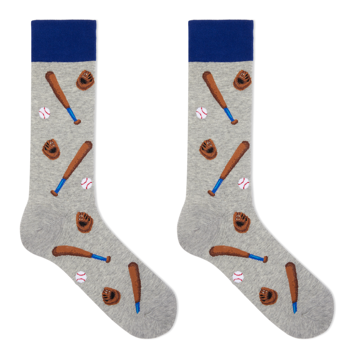 A pair of heather gray crew socks with a baseball-themed print featuring brown bats, gloves, balls, and a dark blue cuff, shown on a plain white background.