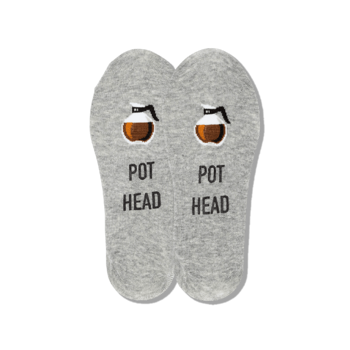 A pair of heather gray ankle socks with a humorous graphic. Each sock features a small embroidered grenade with a lit fuse above the words 'POT HEAD' in black capital letters.