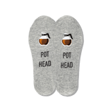 A pair of heather gray ankle socks with a humorous graphic. Each sock features a small embroidered grenade with a lit fuse above the words 'POT HEAD' in black capital letters.