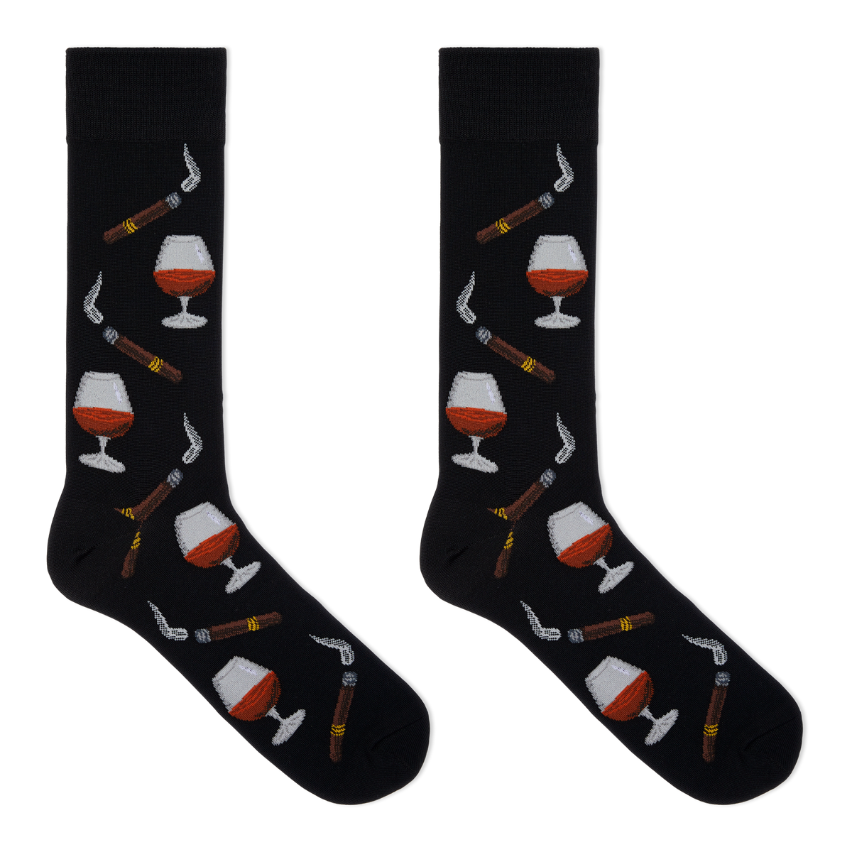 A pair of black crew socks with a repeating pattern of cognac whiskey glasses, cigars, and smoking pipes, displayed flat against a solid white background.