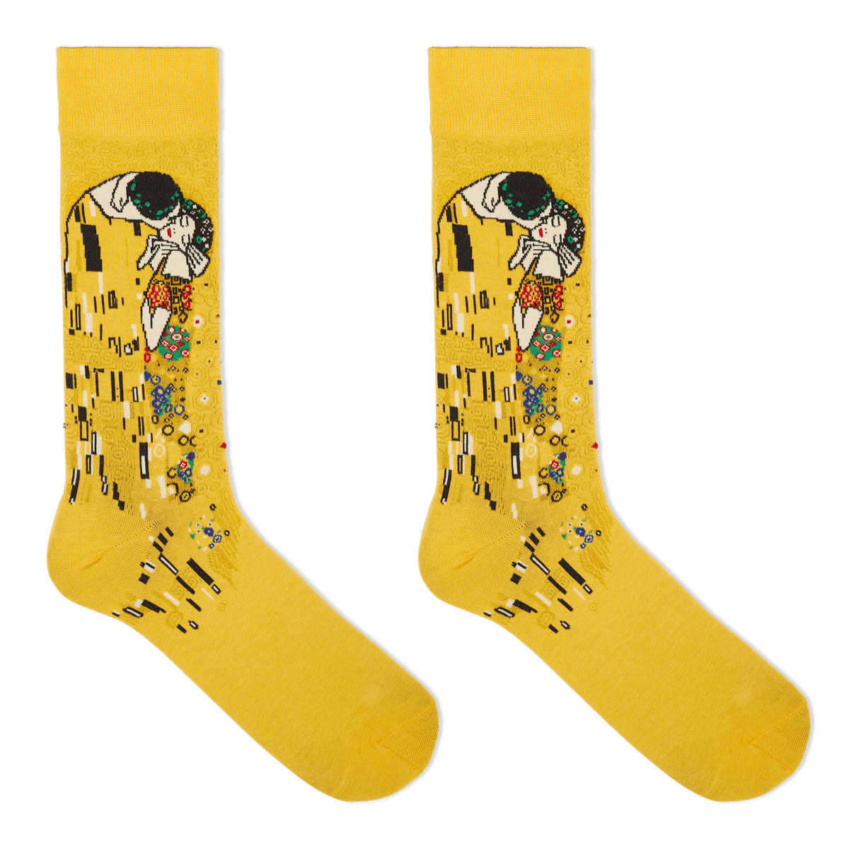 A pair of yellow crew socks featuring a stylized print of Gustav Klimt's 'The Kiss' on the upper leg, displayed against a solid white background.