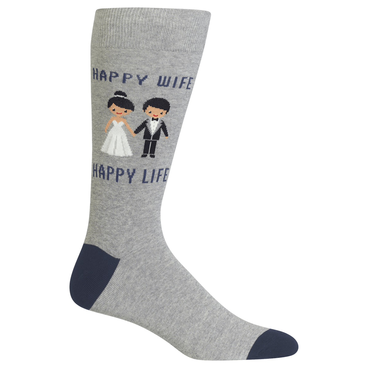 A single heather gray crew sock with a navy blue heel and toe, featuring a graphic of a bride and groom holding hands with the text 'HAPPY WIFE' and 'HAPPY LIFE'.