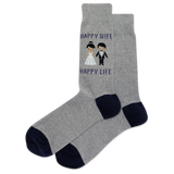 A pair of heather gray crew socks with navy blue heels, toes, and cuffs, featuring a cute embroidered graphic of a bride and groom and the text 'HAPPY WIFE HAPPY LIFE' on the upper leg.