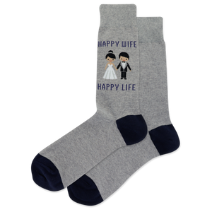A pair of heather gray crew socks with navy blue heels, toes, and cuffs, featuring a cute embroidered graphic of a bride and groom and the text 'HAPPY WIFE HAPPY LIFE' on the upper leg.