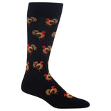 A single black crew sock with a repeating pattern of small turkeys in brown, red, and cream, shown on a plain white background. thumbnail