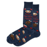 A pair of men's navy blue crew socks with food and drink themed designs, including cupcakes and the text 'HERE FOR THE FOOD'. thumbnail