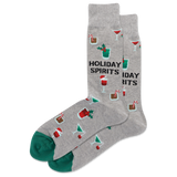 Gray socks with holiday-themed designs and text on a white background thumbnail