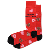 Red HOTSOX men's socks with a donut heart pattern that says "DO-NUTS ABOUT YOU" thumbnail