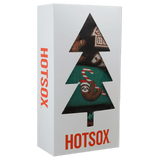 Three pairs of Christmas-themed socks in a 'HOTSOX' box on a white background