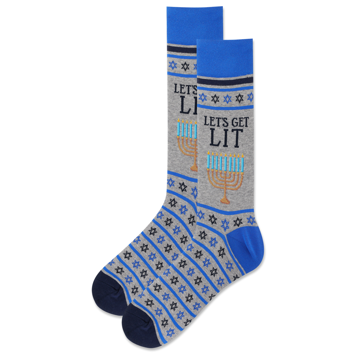 A pair of men's crew socks with blue and gray color scheme, featuring lit candles on the menorah and star of david designs, and the text 'LET'S GET LIT'.