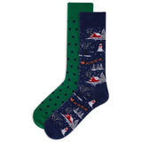 A pair of men's Christmas-themed crew socks with a pattern featuring Santa Claus, reindeer, and snowmen on a navy background, and a solid green pair with polka dots. thumbnail