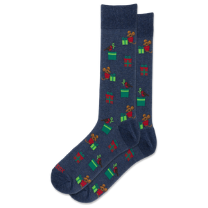 A pair of navy blue crew socks with a repeating pattern of cartoon bears opening green presents and wearing red hats, shown on a plain white background.