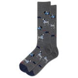 A pair of dark gray crew socks featuring a pattern of cartoon dalmatians wearing Hanukkah-inspired garments, shown against a plain white background.