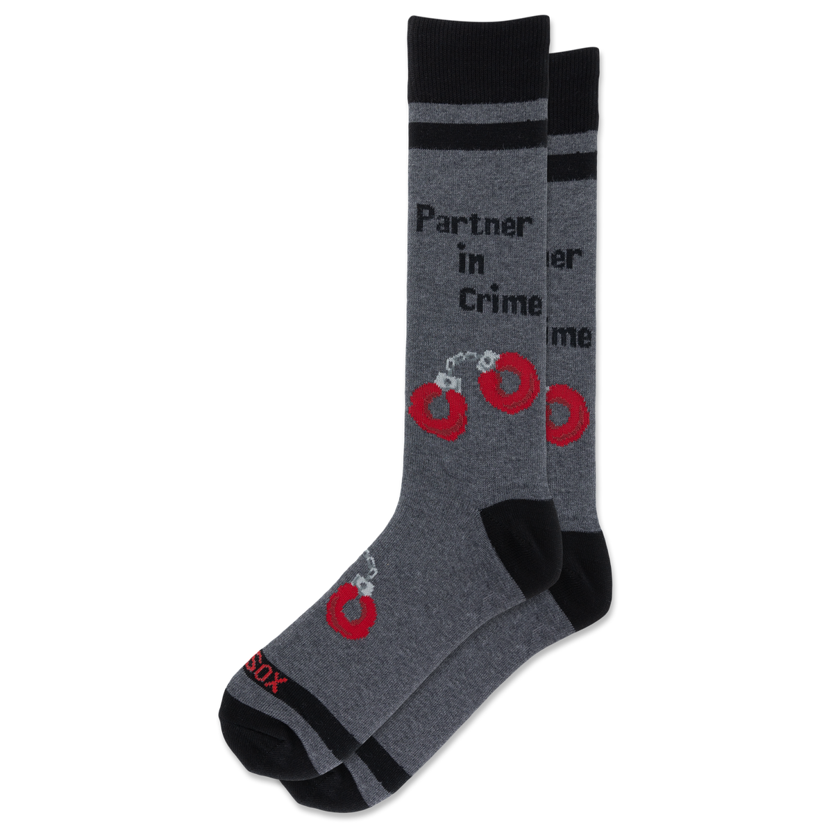 A pair of heather gray crew socks with black cuffs, heels, and toes, featuring a graphic of red handcuffs and the text 'Partner in Crime' on the sides.