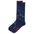 A pair of navy blue crew socks with golf-themed illustrations and the text 'above par' on a clean white background.