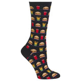 A single black crew sock with a repeating pattern of fast food items including burgers, fries, and red drinks, shown on a plain white background.