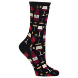 A single crew sock with a wine-themed pattern featuring red wine glasses, wine bottles, corks, and red roses on a black background, shown against a plain white studio backdrop.