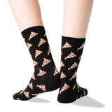 Black crew socks with a repeating pattern of pizza slices, shown on a person's feet against a clean white background.