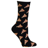 A single black crew sock with an all-over repeating pattern of pizza slices, shown on a plain white background. thumbnail