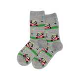 A pair of heather gray crew socks featuring a repeating pattern of pink golf carts on green putting greens with small golf balls and flags. thumbnail